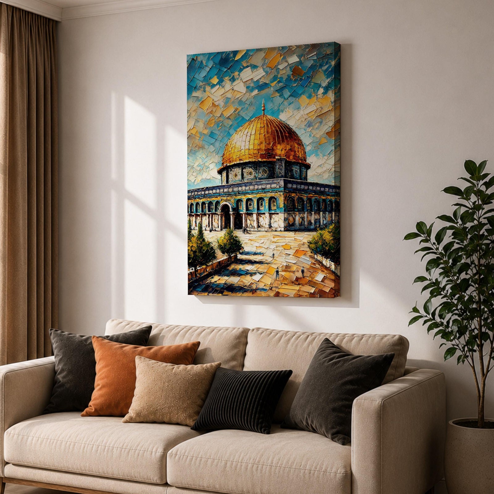 Oil painting style artwork of the golden dome of Masjid Al Aqsa in Jerusalem with textured brushstrokes and vibrant sky above the historic mosque complex.