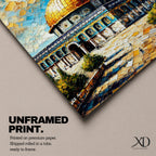 Oil painting style artwork of the golden dome of Masjid Al Aqsa in Jerusalem with textured brushstrokes and vibrant sky above the historic mosque complex.