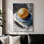 Aerial view of the Dome of the Rock in Jerusalem with its large golden dome and blue tiled octagonal structure, surrounded by crowds walking across the bright stone courtyard of the Al-Aqsa mosque compound on the Temple Mount.