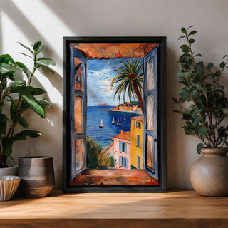 A framed canvas artwork depicting a coastal window view overlooking a Mediterranean ocean scene with sailboats on blue water, colorful buildings with terracotta roofs, and a palm tree, rendered in a realistic style capturing the serene seaside landscape.