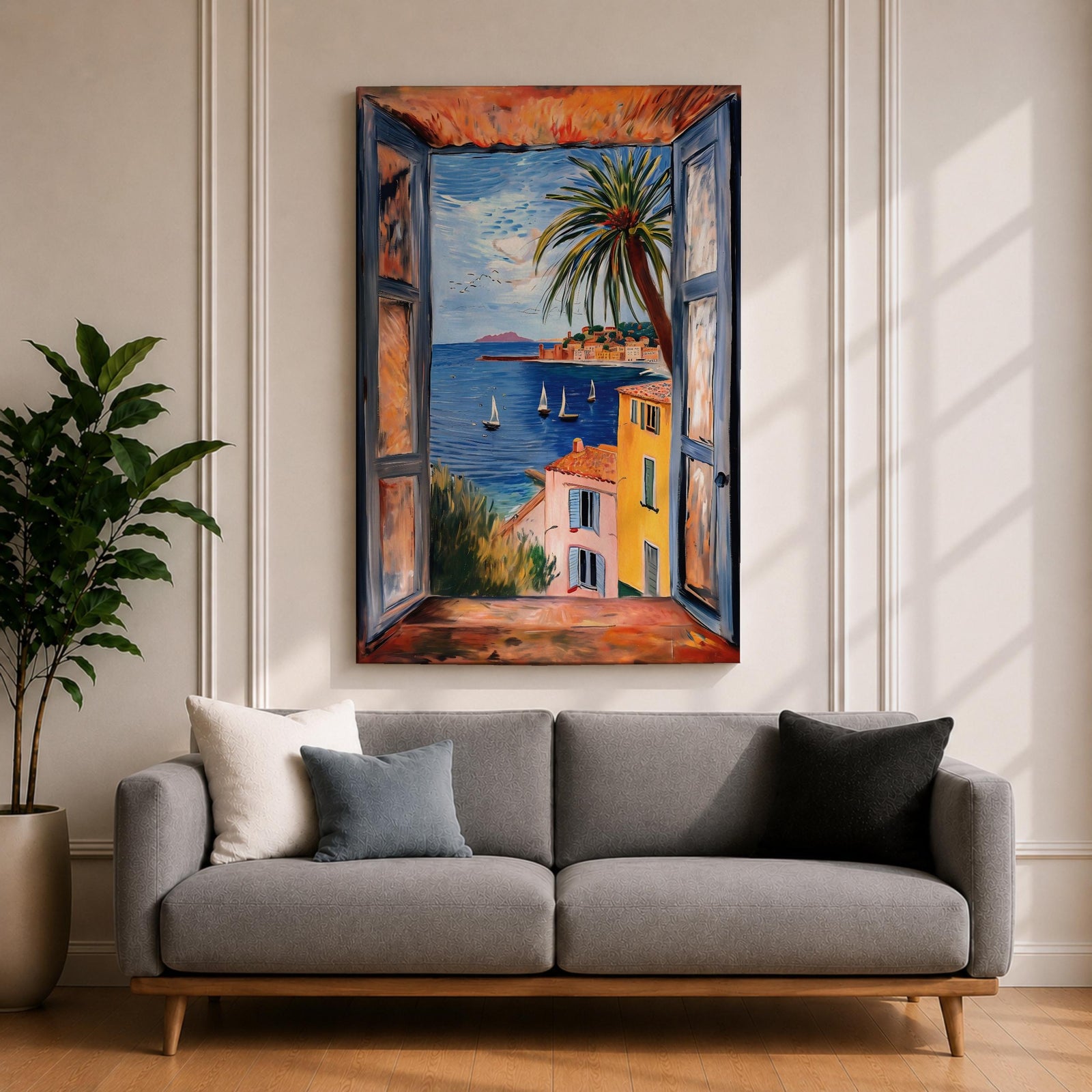 A framed canvas artwork depicting a coastal window view overlooking a Mediterranean ocean scene with sailboats on blue water, colorful buildings with terracotta roofs, and a palm tree, rendered in a realistic style capturing the serene seaside landscape.