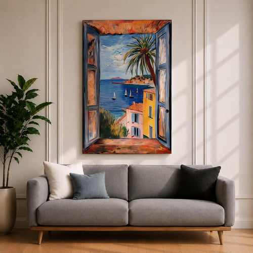 A framed canvas artwork depicting a coastal window view overlooking a Mediterranean ocean scene with sailboats on blue water, colorful buildings with terracotta roofs, and a palm tree, rendered in a realistic style capturing the serene seaside landscape.