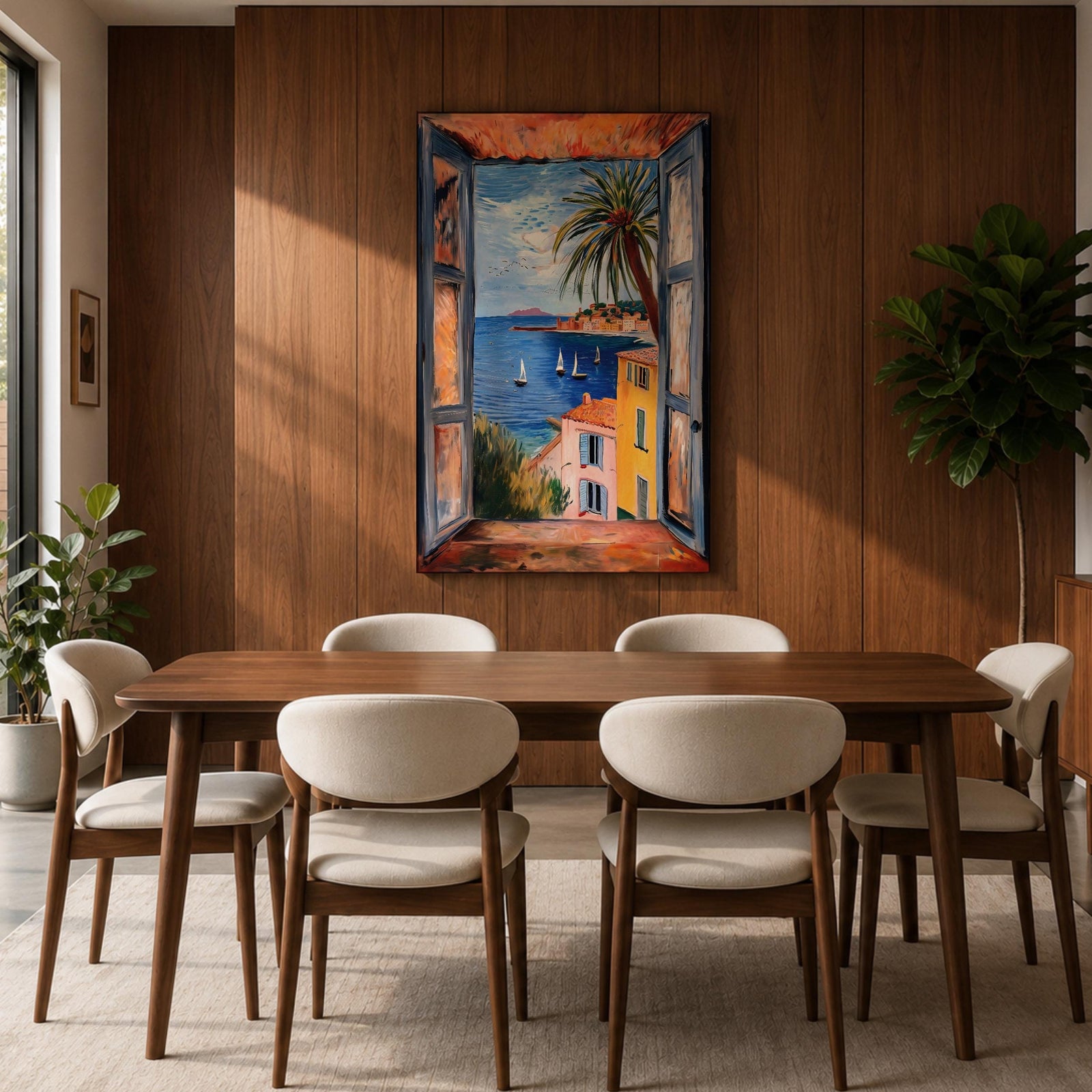 A framed canvas artwork depicting a coastal window view overlooking a Mediterranean ocean scene with sailboats on blue water, colorful buildings with terracotta roofs, and a palm tree, rendered in a realistic style capturing the serene seaside landscape.