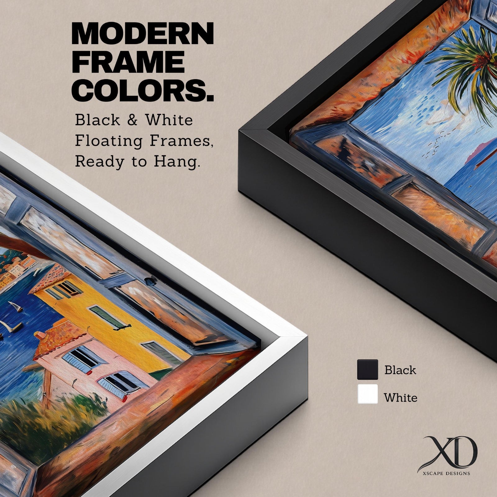 A framed canvas artwork depicting a coastal window view overlooking a Mediterranean ocean scene with sailboats on blue water, colorful buildings with terracotta roofs, and a palm tree, rendered in a realistic style capturing the serene seaside landscape.