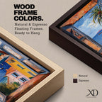 A framed canvas artwork depicting a coastal window view overlooking a Mediterranean ocean scene with sailboats on blue water, colorful buildings with terracotta roofs, and a palm tree, rendered in a realistic style capturing the serene seaside landscape.