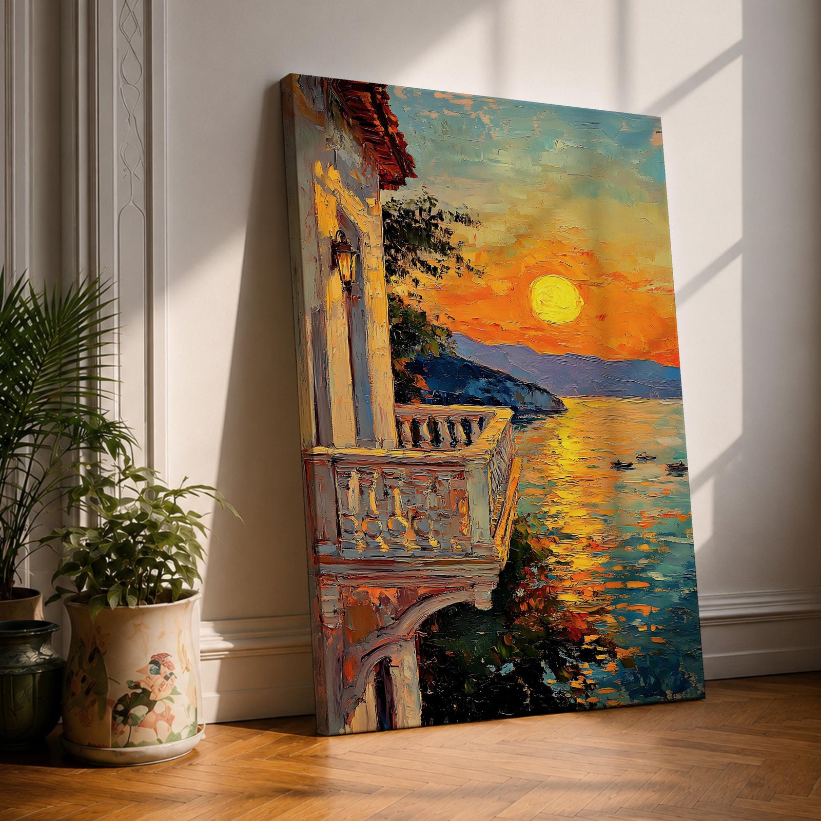 An impasto style painting depicting a sunset balcony overlooking a calm sea with boats and distant mountains. The textured brushstrokes create vibrant reflections of the sun on the water, framed by a Mediterranean-style balcony railing and building facade, capturing a serene coastal landscape.