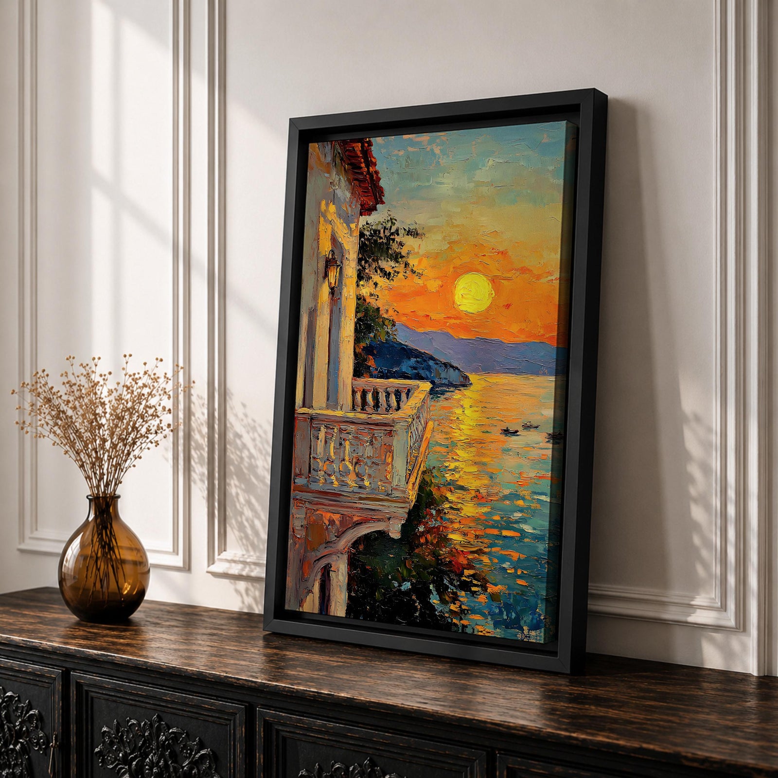 An impasto style painting depicting a sunset balcony overlooking a calm sea with boats and distant mountains. The textured brushstrokes create vibrant reflections of the sun on the water, framed by a Mediterranean-style balcony railing and building facade, capturing a serene coastal landscape.
