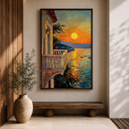 An impasto style painting depicting a sunset balcony overlooking a calm sea with boats and distant mountains. The textured brushstrokes create vibrant reflections of the sun on the water, framed by a Mediterranean-style balcony railing and building facade, capturing a serene coastal landscape.