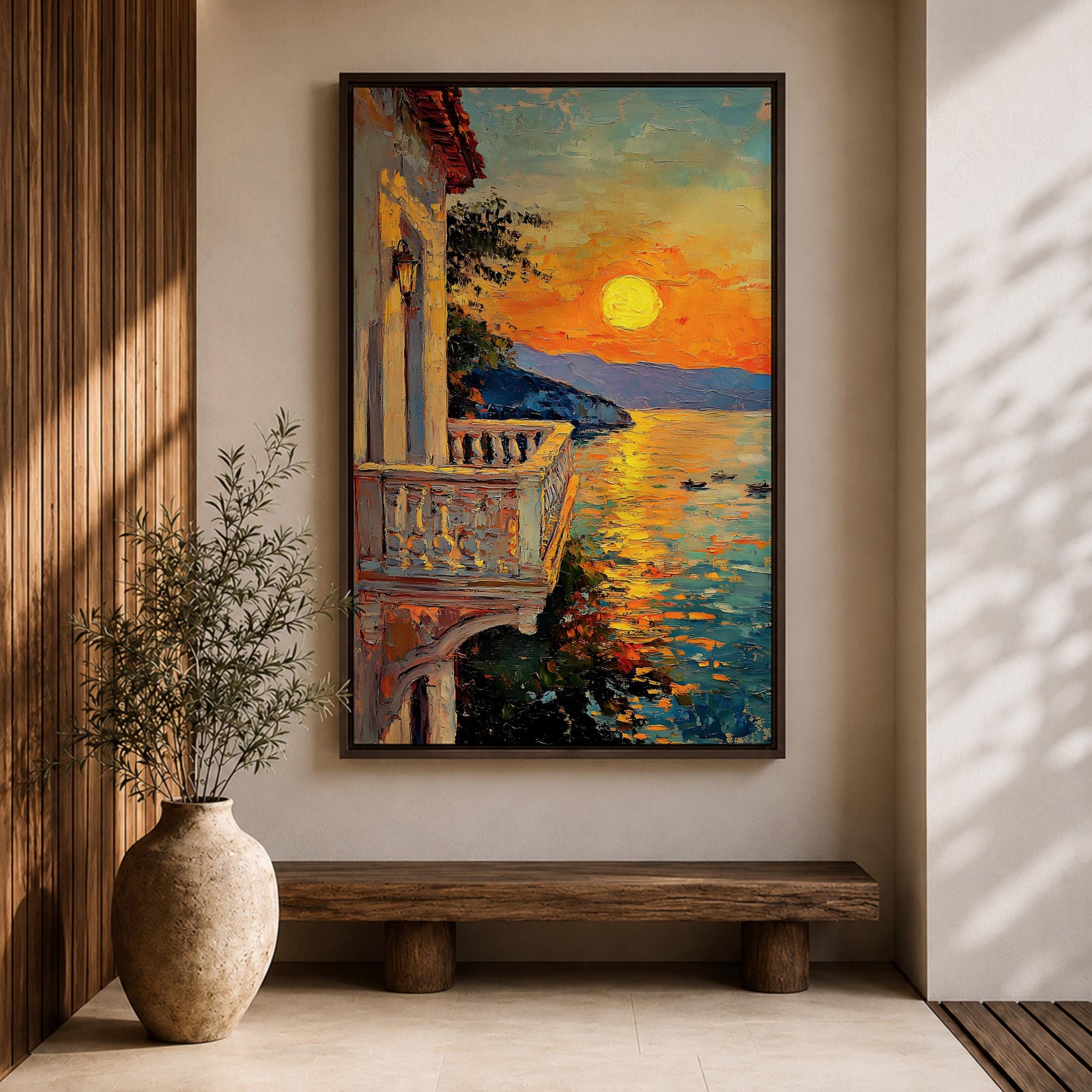 An impasto style painting depicting a sunset balcony overlooking a calm sea with boats and distant mountains. The textured brushstrokes create vibrant reflections of the sun on the water, framed by a Mediterranean-style balcony railing and building facade, capturing a serene coastal landscape.