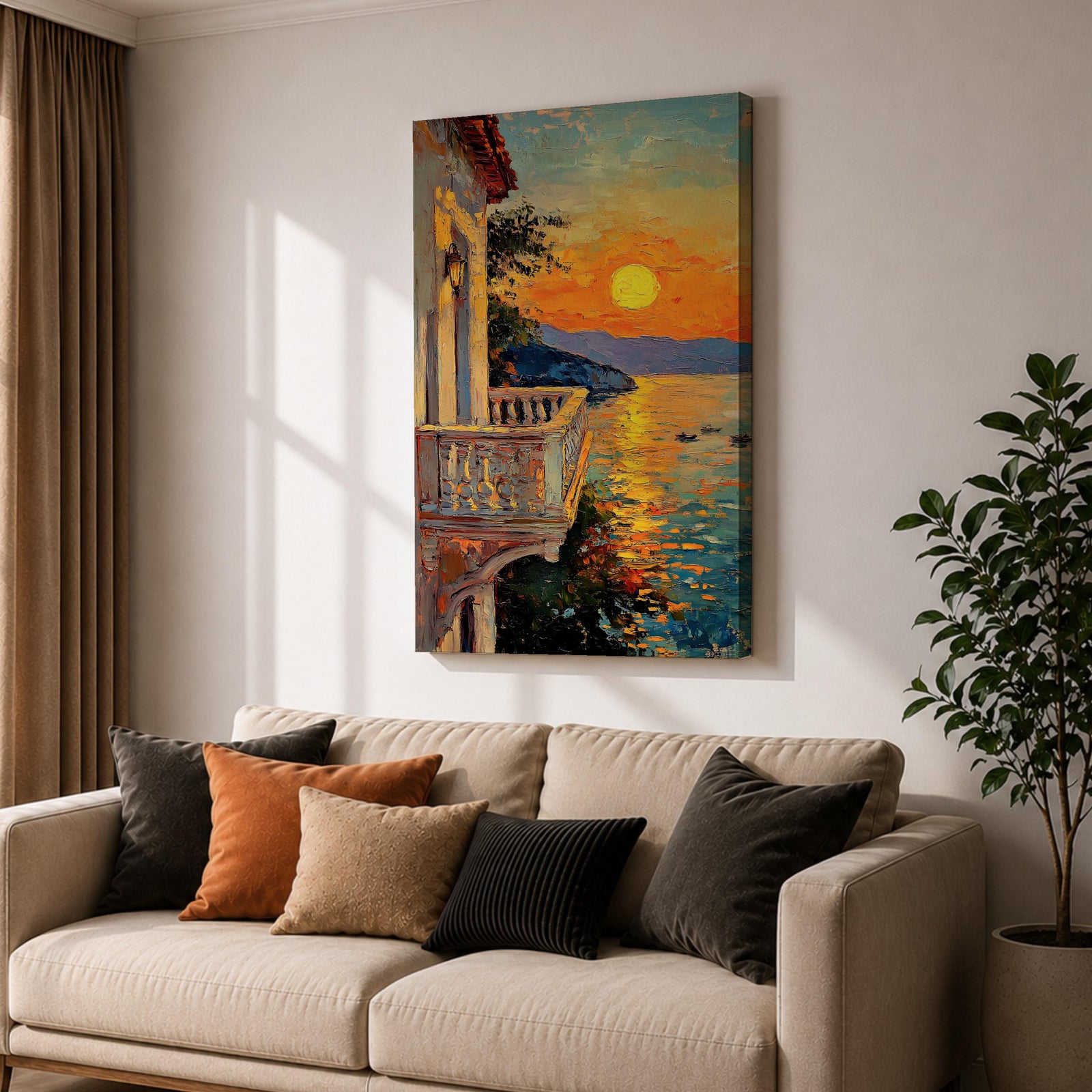 An impasto style painting depicting a sunset balcony overlooking a calm sea with boats and distant mountains. The textured brushstrokes create vibrant reflections of the sun on the water, framed by a Mediterranean-style balcony railing and building facade, capturing a serene coastal landscape.