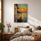 An impasto style painting depicting a sunset balcony overlooking a calm sea with boats and distant mountains. The textured brushstrokes create vibrant reflections of the sun on the water, framed by a Mediterranean-style balcony railing and building facade, capturing a serene coastal landscape.