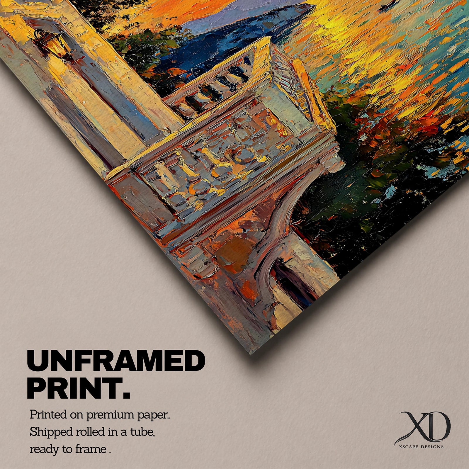An impasto style painting depicting a sunset balcony overlooking a calm sea with boats and distant mountains. The textured brushstrokes create vibrant reflections of the sun on the water, framed by a Mediterranean-style balcony railing and building facade, capturing a serene coastal landscape.