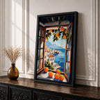 An impasto style painting of an open window with vibrant oranges on the sill and hanging branches, overlooking a Mediterranean coastal village with white buildings, blue sea, and distant mountains, capturing a rustic landscape scene full of texture and color.