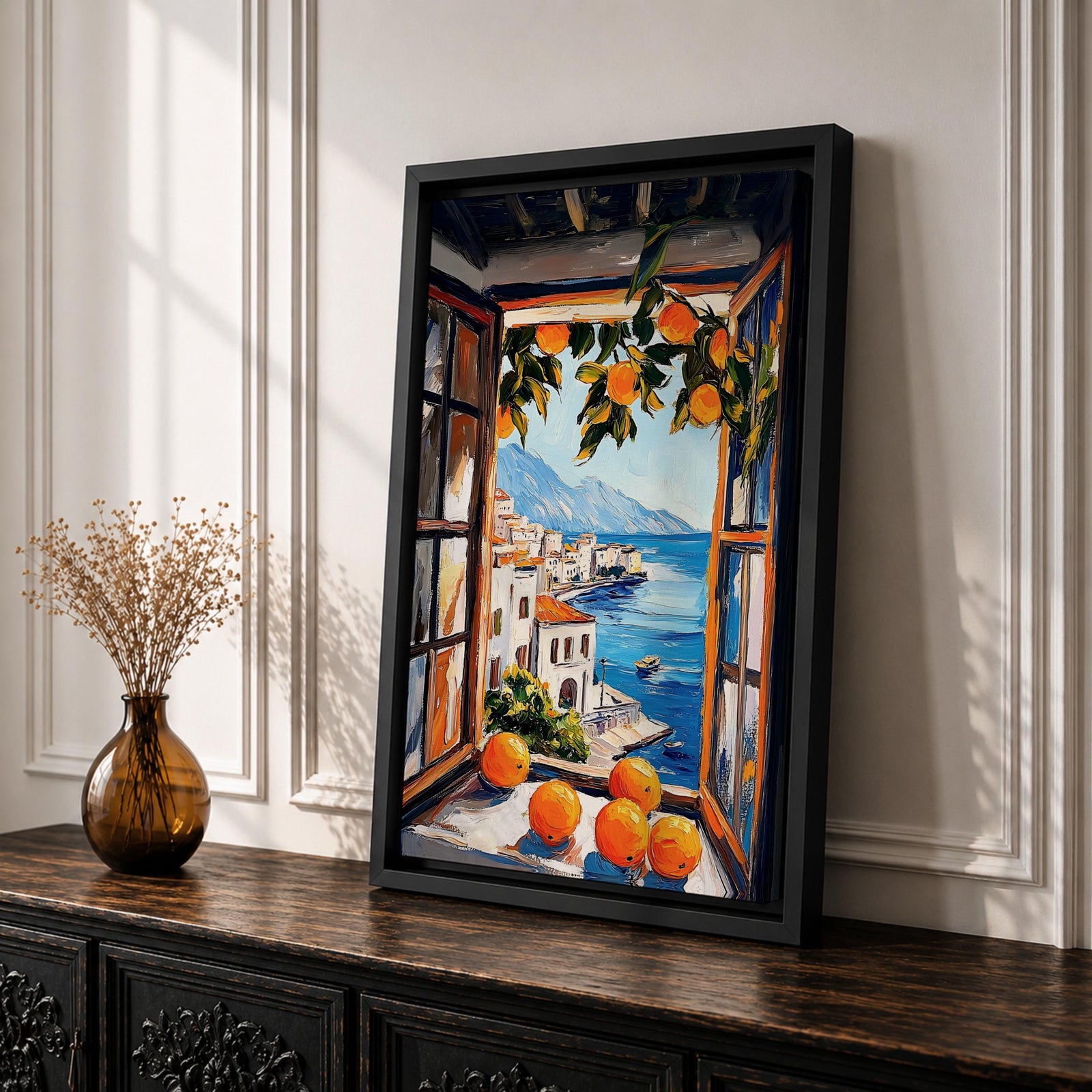 An impasto style painting of an open window with vibrant oranges on the sill and hanging branches, overlooking a Mediterranean coastal village with white buildings, blue sea, and distant mountains, capturing a rustic landscape scene full of texture and color.