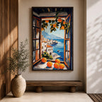 An impasto style painting of an open window with vibrant oranges on the sill and hanging branches, overlooking a Mediterranean coastal village with white buildings, blue sea, and distant mountains, capturing a rustic landscape scene full of texture and color.