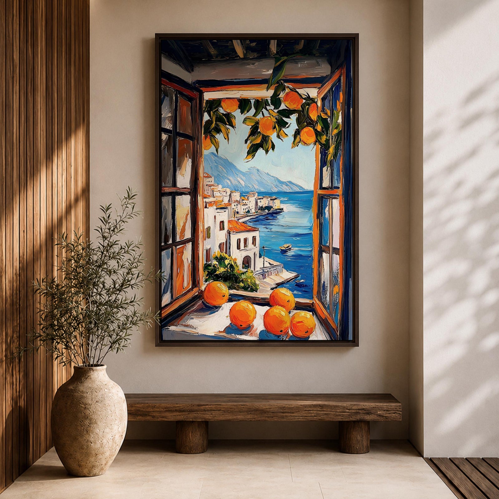 An impasto style painting of an open window with vibrant oranges on the sill and hanging branches, overlooking a Mediterranean coastal village with white buildings, blue sea, and distant mountains, capturing a rustic landscape scene full of texture and color.