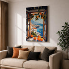 An impasto style painting of an open window with vibrant oranges on the sill and hanging branches, overlooking a Mediterranean coastal village with white buildings, blue sea, and distant mountains, capturing a rustic landscape scene full of texture and color.