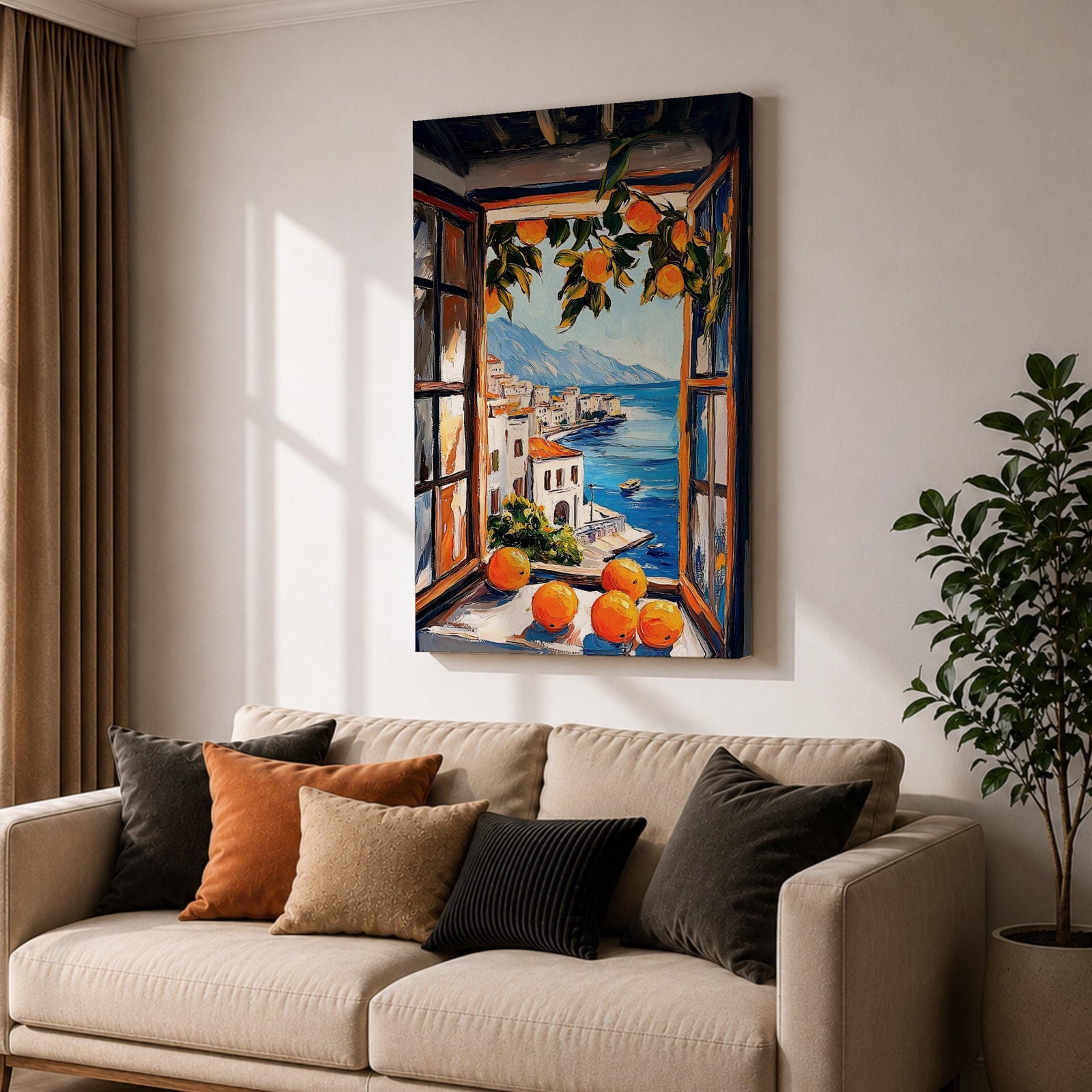 An impasto style painting of an open window with vibrant oranges on the sill and hanging branches, overlooking a Mediterranean coastal village with white buildings, blue sea, and distant mountains, capturing a rustic landscape scene full of texture and color.