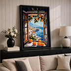 An impasto style painting of an open window with vibrant oranges on the sill and hanging branches, overlooking a Mediterranean coastal village with white buildings, blue sea, and distant mountains, capturing a rustic landscape scene full of texture and color.