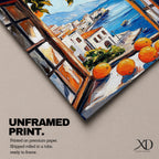 An impasto style painting of an open window with vibrant oranges on the sill and hanging branches, overlooking a Mediterranean coastal village with white buildings, blue sea, and distant mountains, capturing a rustic landscape scene full of texture and color.