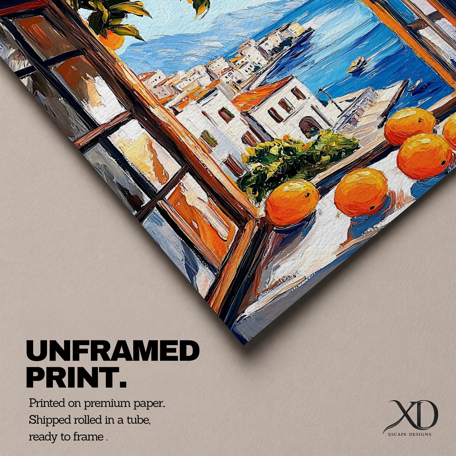 An impasto style painting of an open window with vibrant oranges on the sill and hanging branches, overlooking a Mediterranean coastal village with white buildings, blue sea, and distant mountains, capturing a rustic landscape scene full of texture and color.