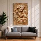 Relief style artwork of the Madonna and Child showing the Virgin Mary gently holding the infant Jesus close to her chest while gazing at him with a peaceful expression, rendered in a monochrome carved stone appearance with soft sculptural textures that emphasize the maternal embrace and sacred Christian iconography.