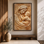 Relief style artwork of the Madonna and Child showing the Virgin Mary gently holding the infant Jesus close to her chest while gazing at him with a peaceful expression, rendered in a monochrome carved stone appearance with soft sculptural textures that emphasize the maternal embrace and sacred Christian iconography.