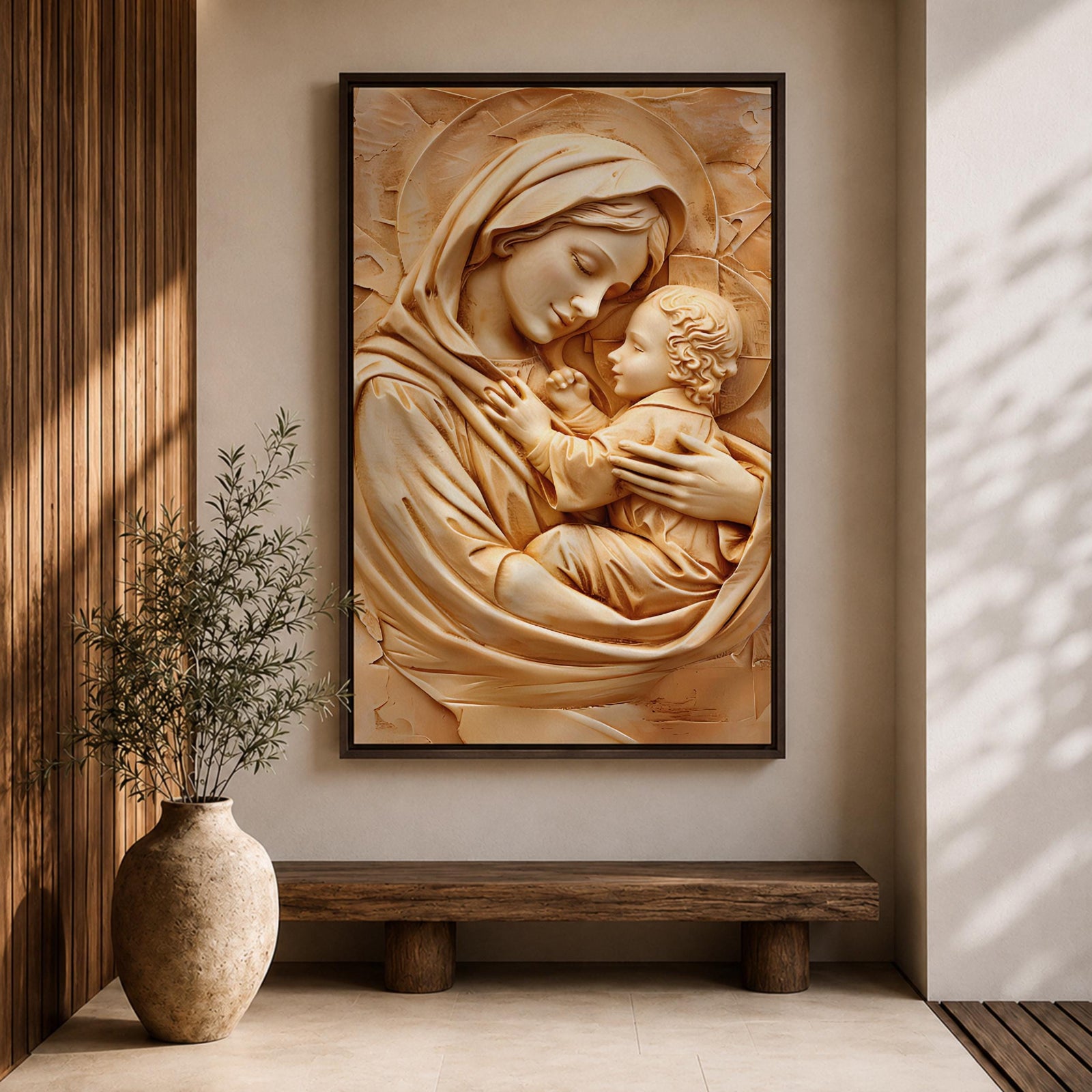 Relief style artwork of the Madonna and Child showing the Virgin Mary gently holding the infant Jesus close to her chest while gazing at him with a peaceful expression, rendered in a monochrome carved stone appearance with soft sculptural textures that emphasize the maternal embrace and sacred Christian iconography.