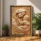 Relief style artwork of the Madonna and Child showing the Virgin Mary gently holding the infant Jesus close to her chest while gazing at him with a peaceful expression, rendered in a monochrome carved stone appearance with soft sculptural textures that emphasize the maternal embrace and sacred Christian iconography.
