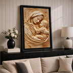 Relief style artwork of the Madonna and Child showing the Virgin Mary gently holding the infant Jesus close to her chest while gazing at him with a peaceful expression, rendered in a monochrome carved stone appearance with soft sculptural textures that emphasize the maternal embrace and sacred Christian iconography.