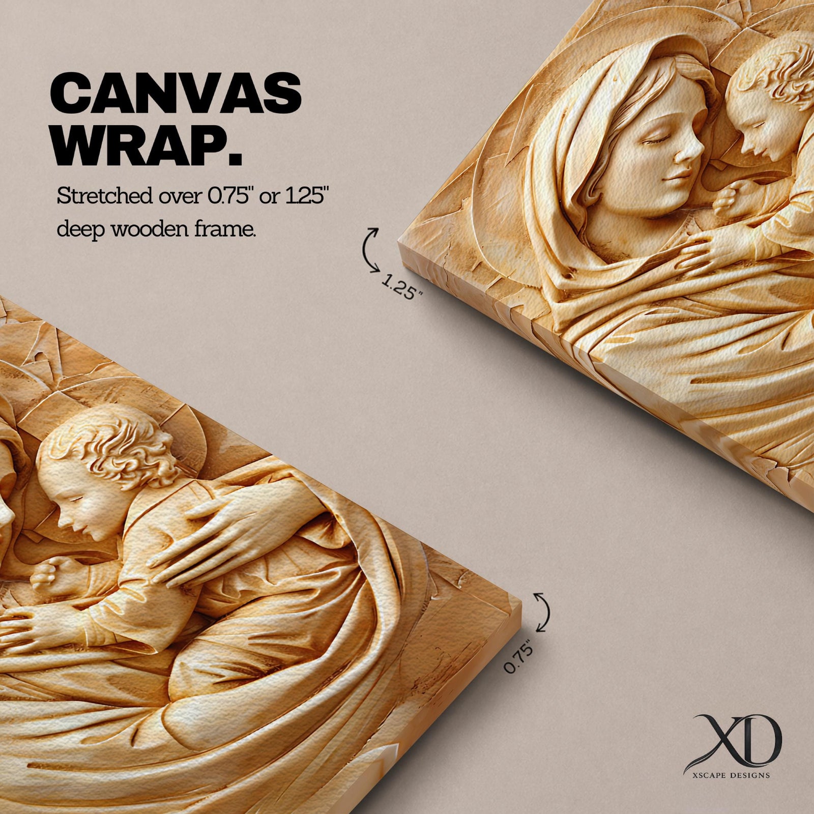 Relief style artwork of the Madonna and Child showing the Virgin Mary gently holding the infant Jesus close to her chest while gazing at him with a peaceful expression, rendered in a monochrome carved stone appearance with soft sculptural textures that emphasize the maternal embrace and sacred Christian iconography.