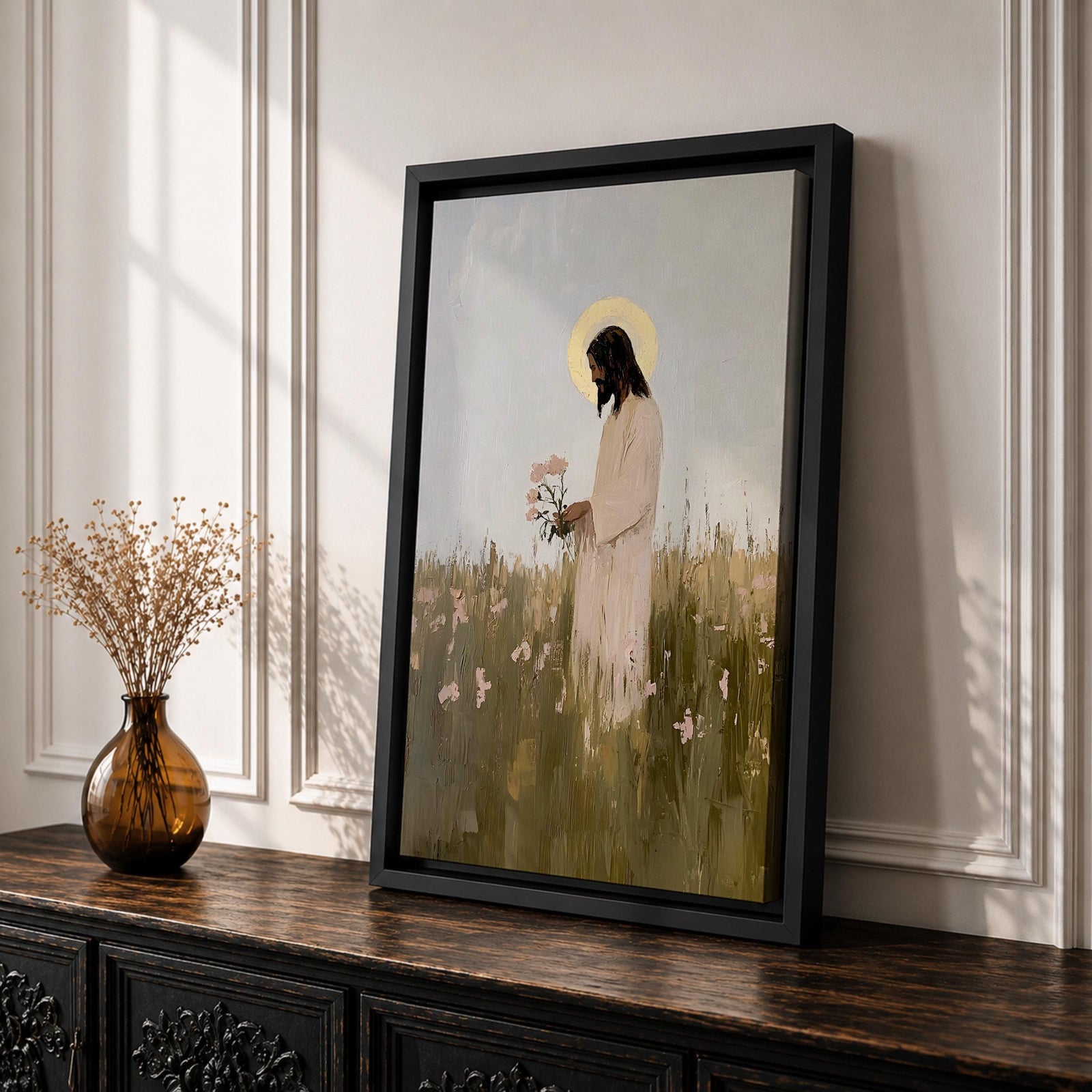 A textured impasto style painting of Jesus standing in a floral meadow holding pink flowers, with a glowing halo behind his head. The artwork captures a serene and contemplative moment, blending soft natural elements with religious Christian symbolism in a modern impasto technique.