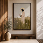 A textured impasto style painting of Jesus standing in a floral meadow holding pink flowers, with a glowing halo behind his head. The artwork captures a serene and contemplative moment, blending soft natural elements with religious Christian symbolism in a modern impasto technique.