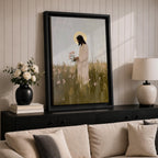 A textured impasto style painting of Jesus standing in a floral meadow holding pink flowers, with a glowing halo behind his head. The artwork captures a serene and contemplative moment, blending soft natural elements with religious Christian symbolism in a modern impasto technique.