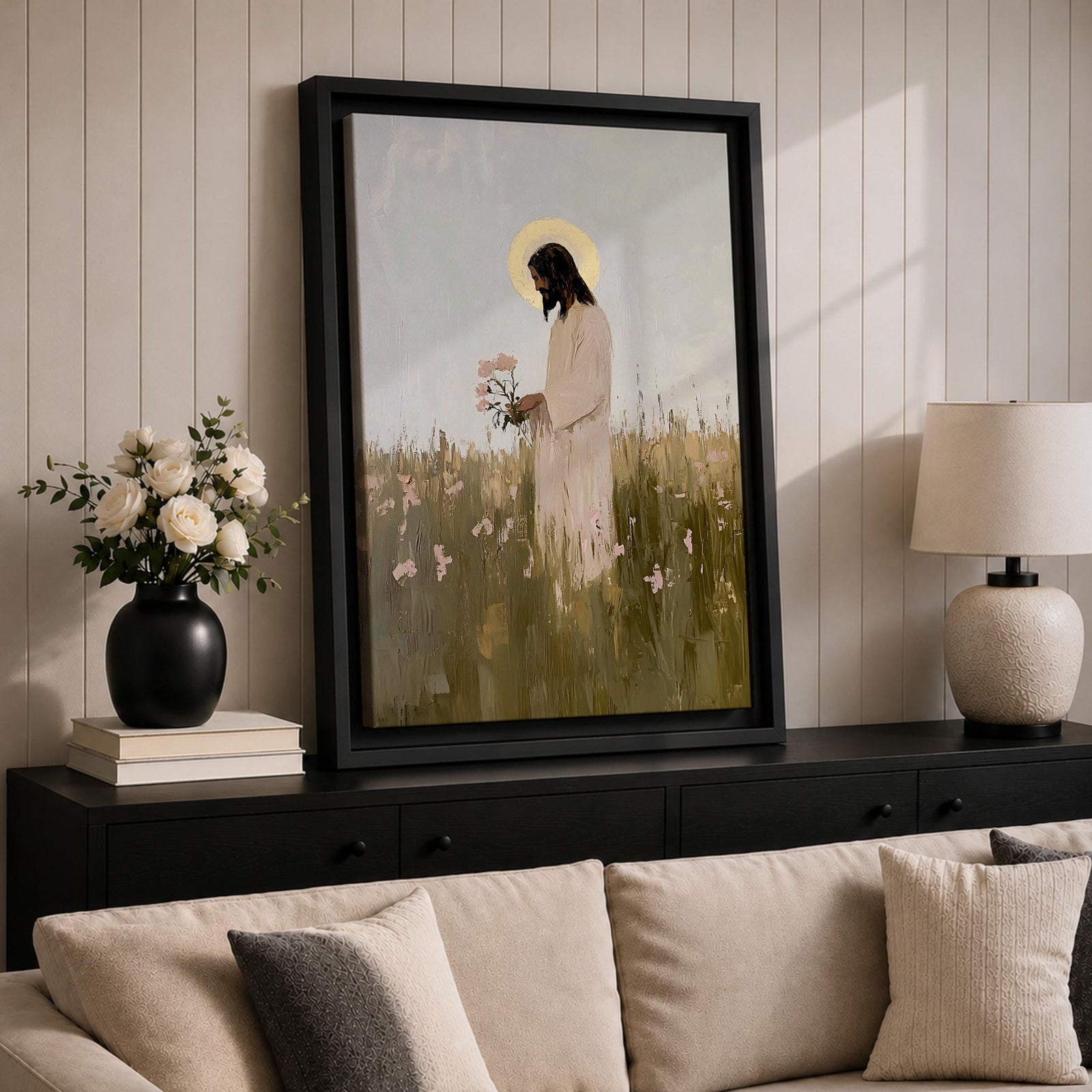 A textured impasto style painting of Jesus standing in a floral meadow holding pink flowers, with a glowing halo behind his head. The artwork captures a serene and contemplative moment, blending soft natural elements with religious Christian symbolism in a modern impasto technique.