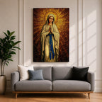 A stained glass style artwork depicting Our Lady of Fatima standing with hands clasped in prayer, wearing a flowing robe and a blue sash with rosary beads. The background features radiant golden mosaic tiles arranged in a halo pattern emphasizing the figure’s serene expression and sacred presence.
