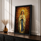 A stained glass style artwork depicting Our Lady of Fatima standing with hands clasped in prayer, wearing a flowing robe and a blue sash with rosary beads. The background features radiant golden mosaic tiles arranged in a halo pattern emphasizing the figure’s serene expression and sacred presence.
