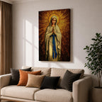 A stained glass style artwork depicting Our Lady of Fatima standing with hands clasped in prayer, wearing a flowing robe and a blue sash with rosary beads. The background features radiant golden mosaic tiles arranged in a halo pattern emphasizing the figure’s serene expression and sacred presence.