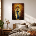 A stained glass style artwork depicting Our Lady of Fatima standing with hands clasped in prayer, wearing a flowing robe and a blue sash with rosary beads. The background features radiant golden mosaic tiles arranged in a halo pattern emphasizing the figure’s serene expression and sacred presence.