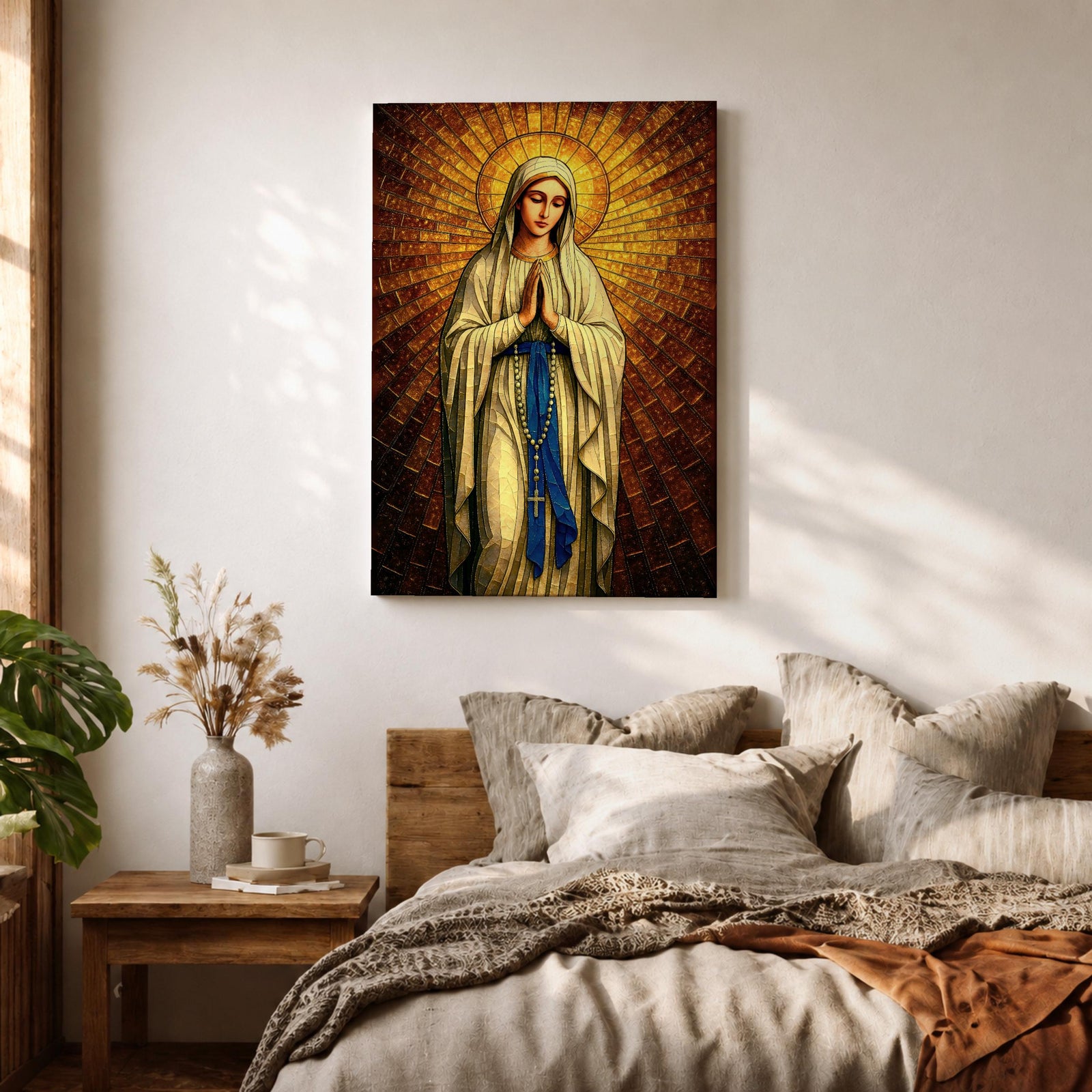 A stained glass style artwork depicting Our Lady of Fatima standing with hands clasped in prayer, wearing a flowing robe and a blue sash with rosary beads. The background features radiant golden mosaic tiles arranged in a halo pattern emphasizing the figure’s serene expression and sacred presence.