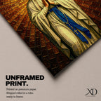A stained glass style artwork depicting Our Lady of Fatima standing with hands clasped in prayer, wearing a flowing robe and a blue sash with rosary beads. The background features radiant golden mosaic tiles arranged in a halo pattern emphasizing the figure’s serene expression and sacred presence.