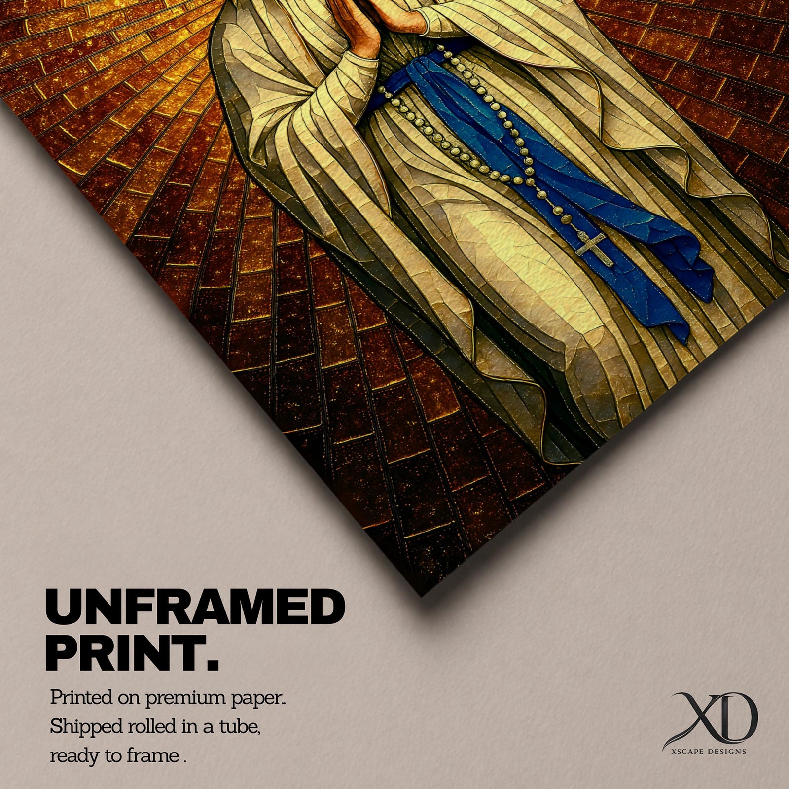 A stained glass style artwork depicting Our Lady of Fatima standing with hands clasped in prayer, wearing a flowing robe and a blue sash with rosary beads. The background features radiant golden mosaic tiles arranged in a halo pattern emphasizing the figure’s serene expression and sacred presence.