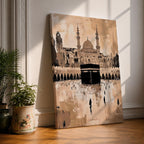 Abstract painting of the Kaaba at Masjid Al Haram in Mecca, featuring the black cubic shrine centered in the mosque courtyard with surrounding arches, minarets, and distant worshippers, rendered in warm beige and sepia tones with expressive textured brushwork.