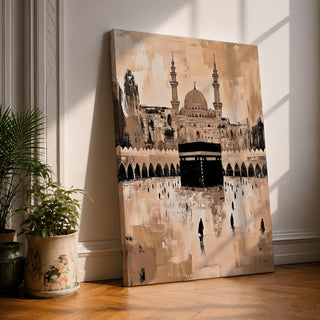 Abstract painting of the Kaaba at Masjid Al Haram in Mecca, featuring the black cubic shrine centered in the mosque courtyard with surrounding arches, minarets, and distant worshippers, rendered in warm beige and sepia tones with expressive textured brushwork.