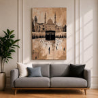Abstract painting of the Kaaba at Masjid Al Haram in Mecca, featuring the black cubic shrine centered in the mosque courtyard with surrounding arches, minarets, and distant worshippers, rendered in warm beige and sepia tones with expressive textured brushwork.
