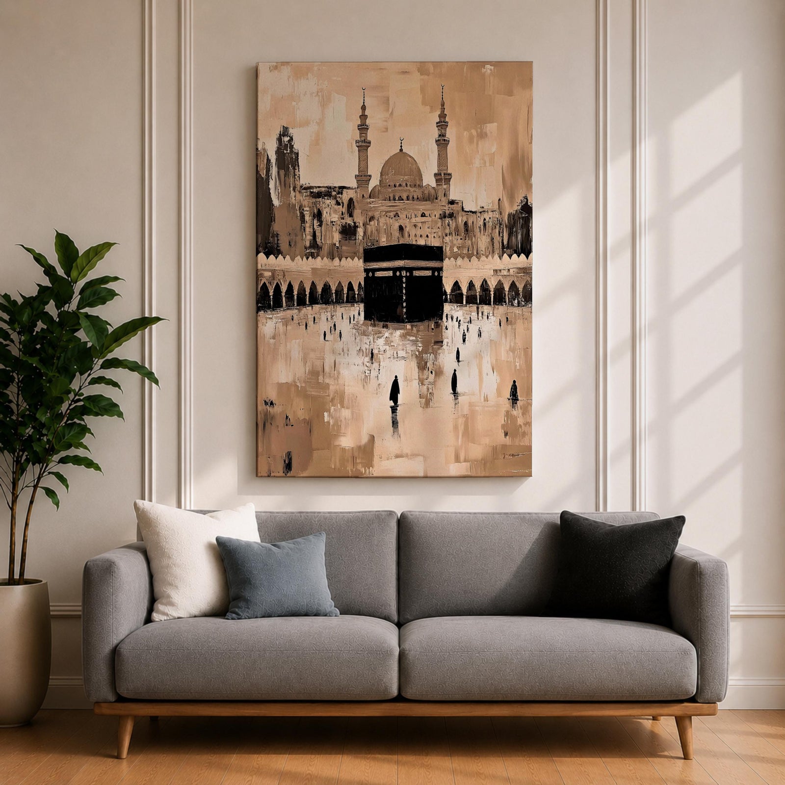 Abstract painting of the Kaaba at Masjid Al Haram in Mecca, featuring the black cubic shrine centered in the mosque courtyard with surrounding arches, minarets, and distant worshippers, rendered in warm beige and sepia tones with expressive textured brushwork.