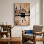 Abstract painting of the Kaaba at Masjid Al Haram in Mecca, featuring the black cubic shrine centered in the mosque courtyard with surrounding arches, minarets, and distant worshippers, rendered in warm beige and sepia tones with expressive textured brushwork.