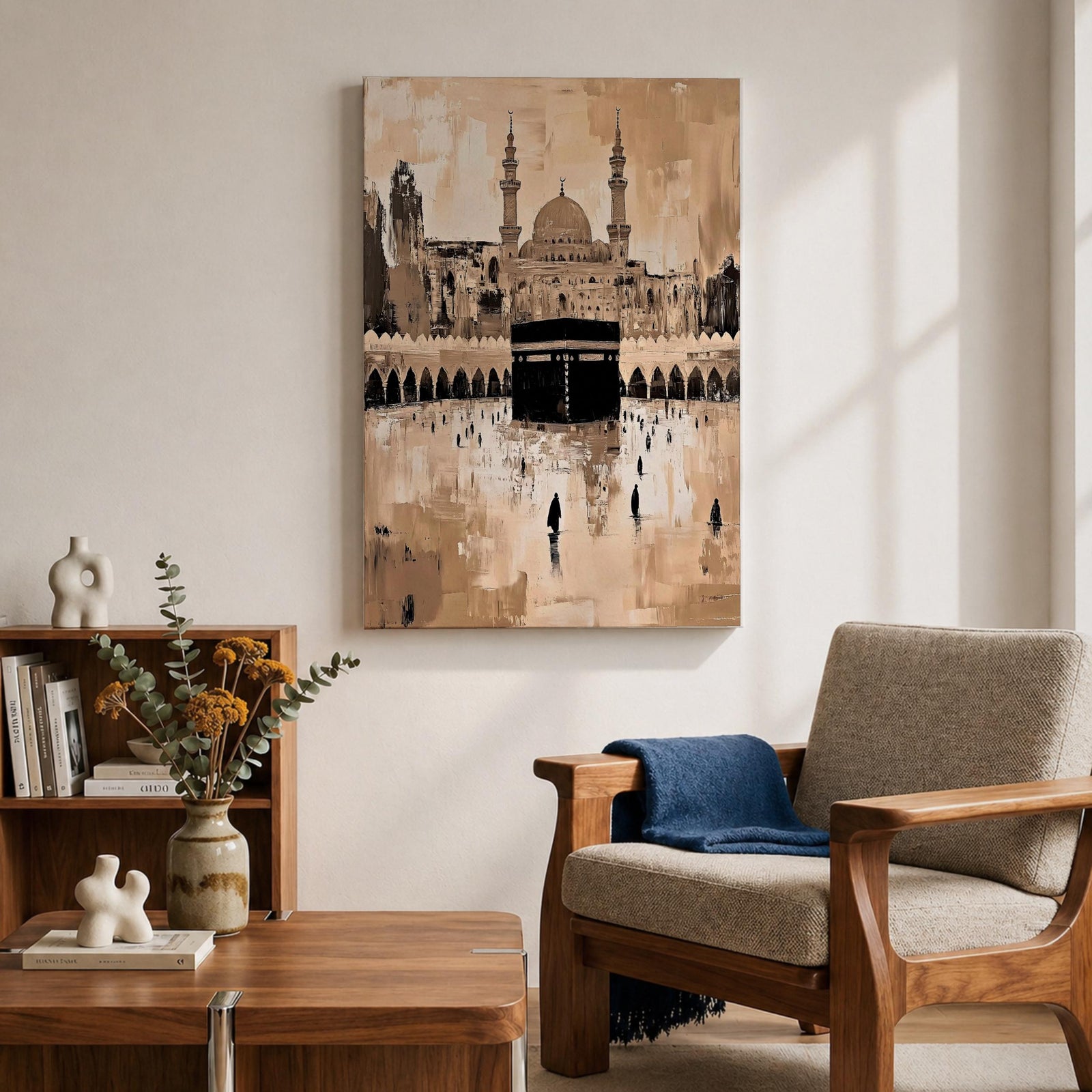 Abstract painting of the Kaaba at Masjid Al Haram in Mecca, featuring the black cubic shrine centered in the mosque courtyard with surrounding arches, minarets, and distant worshippers, rendered in warm beige and sepia tones with expressive textured brushwork.