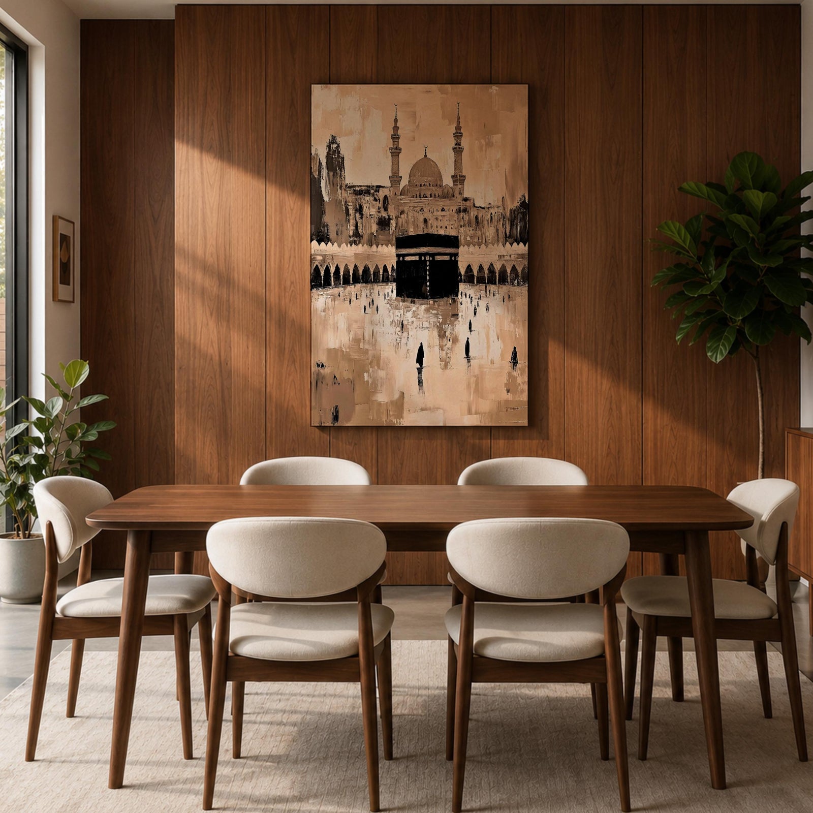 Abstract painting of the Kaaba at Masjid Al Haram in Mecca, featuring the black cubic shrine centered in the mosque courtyard with surrounding arches, minarets, and distant worshippers, rendered in warm beige and sepia tones with expressive textured brushwork.