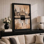 Abstract painting of the Kaaba at Masjid Al Haram in Mecca, featuring the black cubic shrine centered in the mosque courtyard with surrounding arches, minarets, and distant worshippers, rendered in warm beige and sepia tones with expressive textured brushwork.